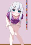  10s 1girl bent_over blue_eyes blush breasts cleavage downblouse eromanga_sensei extended_downblouse hair_ornament izumi_sagiri kaze_makase long_hair looking_at_viewer no_bra open_mouth panties shadow silver_hair small_breasts solo standing underwear undressing white_panties 