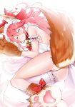  1girl :3 absurdres animal_ear_fluff animal_ears apron ass bangs bell bell_collar cat_hair_ornament cat_paws collar eyes_closed fate/grand_order fate_(series) felnemo fox_ears fox_tail gloves hair_ornament highres jingle_bell long_hair looking_at_viewer lying maid_headdress naked_apron on_bed on_side paw_gloves paw_shoes paws pink_hair shoes single_thighhigh tail tamamo_(fate)_(all) tamamo_cat_(fate) thighhighs 