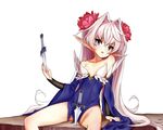  bare_shoulders blue_eyes ehart elf flower hair_flower hair_ornament knife long_hair looking_at_viewer original planted_knife planted_weapon pointy_ears sitting solo throwing_knife very_long_hair weapon wide_sleeves 