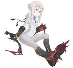  bangs biker_clothes bikesuit black_footwear black_gloves boots closed_mouth commentary_request full_body gloves ice_axe kazuoki knee_boots long_sleeves original shoe_soles short_hair_with_long_locks silver_eyes silver_hair simple_background sitting smile solo spikes white_background 