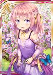  age_regression akkijin bug butterfly card_(medium) dress flower garden insect official_art pink_dress pink_eyes pink_hair shinkai_no_valkyrie solo younger 