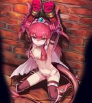  armor armpits bangs bikini_armor black_gloves black_legwear brick_wall closed_mouth commentary_request cuffs elbow_gloves elizabeth_bathory_(brave)_(fate) elizabeth_bathory_(fate)_(all) eyebrows_visible_through_hair fate/grand_order fate_(series) flat_chest gloves hair_between_eyes highres horns kneeling long_hair looking_at_viewer navel pauldrons red_armor shackles silhouette silver_trim solo sue_(bg-bros) tail tears thighhighs two_side_up 