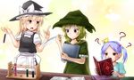  ? ?? apron blonde_hair book cape character_request commentary_request crossover dress eyebrows green_hair hat index_finger_raised kirisame_marisa multiple_girls nogiguchi paper purple_eyes purple_hair red_eyes rosemary_(zakuzaku_actors) teaching test_tube touhou trait_connection turtleneck vest waist_apron witch witch_hat yellow_eyes zakuzaku_actors 