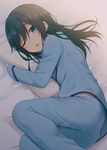  ;d asashio_(kantai_collection) bangs bed_sheet black_hair blush eyebrows_visible_through_hair half-closed_eye highres kantai_collection long_hair looking_at_viewer lying nagami_yuu non-web_source on_side one_eye_closed open_mouth pajamas pantylines parted_lips pillow pillow_hug sidelocks smile solo swept_bangs 