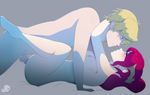  1boy 1girl artist_name bed_sheet blonde_hair blush breasts eye_contact face-to-face green_eyes half-closed_eyes hetero highres jaune_arc looking_at_another lying missionary nipples nude on_back on_bed penis ponytail pyrrha_nikos red_hair rwby sex spookiarts 