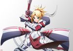  :d armor blonde_hair braid breastplate clarent commentary_request eyebrows_visible_through_hair fate/apocrypha fate_(series) french_braid green_eyes legs_apart mordred_(fate) mordred_(fate)_(all) ookami_maito open_mouth ponytail raised_eyebrows smile solo white_background 