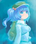  :o backpack bag bangs blouse blue blue_background blue_blouse blue_eyes blue_hair blunt_bangs blush eyebrows_visible_through_hair from_side green_hat hair_bobbles hair_ornament hat highres kawashiro_nitori long_hair long_sleeves looking_away looking_up no_nose parted_lips reiesu_(reis) signature solo standing touhou two_side_up upper_body 