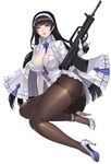  \m/ arm_support ass assault_rifle bangs between_breasts black_hair blue_neckwear blunt_bangs breasts brown_legwear bullpup bustier fingerless_gloves full_body girls_frontline gloves gun hairband high_heels highres holding holding_gun holding_weapon jacket karmiel large_breasts lipstick long_hair long_sleeves looking_at_viewer makeup miniskirt necktie necktie_between_breasts panties panties_under_pantyhose pantyhose pantyshot pantyshot_(sitting) pinky_out pleated_skirt qbz-95 qbz-95_(girls_frontline) red_lipstick rifle shoes simple_background sitting skirt smile solo thighband_pantyhose trigger_discipline underwear weapon white_background white_footwear white_gloves white_hairband white_jacket white_panties white_skirt yellow_eyes 