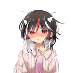  alternate_costume black_hair blush commentary half-closed_eyes horns kijin_seija looking_at_viewer messy_hair multicolored_hair pajamas red_eyes red_hair shiya_re27 sick simple_background solo streaked_hair sweat thermometer touhou towel towel_on_head upper_body white_background white_hair 