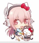  :d animal_ears blush bow cat_ears chibi cosplay crossover headphones hello_kitty hello_kitty_(character) highres long_hair looking_at_viewer multiple_girls nitroplus no_mouth open_mouth pink_eyes pink_hair red_eyes smile super_sonico super_sonico_(cosplay) yuupon 