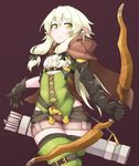  arrow asymmetrical_sleeves bangs black_gloves black_legwear blonde_hair blush boots bow_(weapon) brown_cloak cloak commentary_request cowboy_shot elf eyebrows_visible_through_hair gloves goblin_slayer! green_eyes green_vest hair_between_eyes hair_ribbon high_elf_archer_(goblin_slayer!) holding holding_bow_(weapon) holding_weapon hood hood_down leg_belt long_hair looking_at_viewer parted_lips pointy_ears purple_background quiver ready_to_draw ribbon ryota_tentei shirt short_shorts shorts sidelocks skindentation solo standing thigh_boots thighhighs thighhighs_under_boots tress_ribbon vest walking weapon white_shirt 