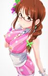  akizuki_ritsuko ass bangs bare_shoulders bodypaint braid breasts closed_mouth collarbone commentary_request earrings eyebrows_visible_through_hair flower from_side glasses gloves grey_background hair_flower hair_ornament hair_over_shoulder hand_on_own_chest heart_pasties idolmaster idolmaster_(classic) jewelry long_hair looking_at_viewer medium_breasts nipples no_bra no_panties painted_clothes pasties princess_melody_(idolmaster) revealing_clothes semi-rimless_eyewear simple_background solo sweatdrop tengu_(tetuo_kun) white_gloves 
