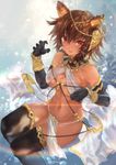  absurdres animal_ears azomo bare_shoulders bible_bullet black_gloves black_legwear bracelet breasts brown_hair cleavage criss-cross_halter dark_skin egyptian_clothes elbow_gloves gloves hair_ornament halterneck highres jewelry large_breasts loincloth looking_at_viewer navel no_panties pelvic_curtain red_eyes revealing_clothes short_hair single_sidelock smile solo thighhighs usekh_collar 