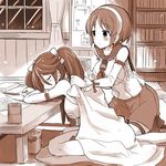  blanket bookshelf breasts commentary_request covering_with_blanket detached_sleeves fan hair_ribbon hairband indoors isuzu_(kantai_collection) kantai_collection large_breasts long_hair mizumoto_tadashi monochrome multiple_girls natori_(kantai_collection) paper_fan pleated_skirt ribbon school_uniform serafuku short_hair skirt sleeping smile table twintails uchiwa 