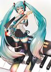  absurdly_long_hair agnamore aqua_eyes aqua_hair bangs boots character_name detached_sleeves electric_guitar full_body guitar hatsune_miku headset highres instrument long_hair navel necktie open_mouth piano_keys pleated_skirt plectrum skirt solo thigh_boots thighhighs twintails very_long_hair vocaloid 