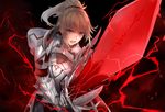  armor blonde_hair fate/apocrypha fate/grand_order fate_(series) green_eyes kachi lightning mordred_(fate) mordred_(fate)_(all) ponytail solo sword weapon 