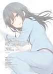  ;d afterword asashio_(kantai_collection) bangs bed_sheet black_hair blush eyebrows_visible_through_hair half-closed_eye highres kantai_collection long_hair looking_at_viewer lying nagami_yuu non-web_source on_side one_eye_closed open_mouth pajamas pantylines parted_lips pillow pillow_hug sidelocks smile solo swept_bangs 