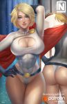  1girl abs arm_behind_head ass belt blonde_hair blue_eyes blue_gloves blush breasts cape cleavage cleavage_cutout dc_comics gloves hand_on_hip hips large_breasts leotard lips looking_at_viewer muscle norman_de_mesa parted_lips power_girl red_cape short_hair skin_tight smile solo superhero thighs white_leotard 