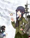  bangs bird black_hair blunt_bangs braid fubuki_(kantai_collection) hand_on_hip kantai_collection kitakami_(kantai_collection) long_hair looking_at_viewer low_ponytail machinery mizumoto_tadashi multiple_girls non-human_admiral_(kantai_collection) ponytail school_uniform seagull serafuku short_ponytail short_sleeves sidelocks single_braid smile smokestack sweatdrop waving 