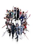  4girls 6+boys absurdres alternate_costume animal_ears armor asymmetrical_clothes bandana bare_shoulders beads black_jacket blonde_hair blue_eyes boots brown_hair butz_klauser cat_ears circle_formation cloud_strife cravat cropped_jacket dagger dark_skin dissidia_final_fantasy dissidia_final_fantasy_nt everyone final_fantasy final_fantasy_i final_fantasy_ii final_fantasy_iii final_fantasy_iv final_fantasy_ix final_fantasy_v final_fantasy_vi final_fantasy_vii final_fantasy_vii_advent_children final_fantasy_viii final_fantasy_x final_fantasy_xi final_fantasy_xii final_fantasy_xiii final_fantasy_xiv final_fantasy_xv fingerless_gloves frioniel fur_collar fur_trim gauntlets gloves greaves grey_eyes gunblade hair_ornament headband helmet highres horned_helmet huge_weapon jacket jewelry lightning_farron lightning_returns:_final_fantasy_xiii looking_at_viewer miqo'te multiple_boys multiple_girls necklace noctis_lucis_caelum official_art onion_knight over_shoulder pink_hair pointing pointy_ears polearm popped_collar sash scabbard serious shantotto sheath shield shorts shoulder_pads shoulder_spikes silver_hair simple_background single_glove sleeveless slit_pupils spear spiked_hair spikes squall_leonhart square_enix staff sword tail tarutaru tassel thighhighs tidus tina_branford twin_blades vaan vest warrior_of_light weapon weapon_on_back weapon_over_shoulder white_background y'shtola_rhul zettai_ryouiki zidane_tribal 