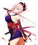  apt bangs black_legwear blue_eyes breasts closed_mouth contrapposto cowboy_shot detached_sleeves dual_wielding eyebrows_visible_through_hair fate/grand_order fate_(series) from_side hair_ornament highres holding japanese_clothes katana kimono large_breasts looking_at_viewer miyamoto_musashi_(fate/grand_order) obi petals sash sheath short_kimono short_ponytail sideboob sidelocks silver_hair simple_background sleeveless sleeveless_kimono solo standing swept_bangs sword thighhighs weapon white_background 