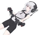  bangs bare_arms bike_shorts black_gloves breasts commentary_request controller covered_navel covered_nipples dutch_angle earmuffs gloves holding holster kazuoki long_hair original red_eyes serious simple_background small_breasts solo standing sweater_vest white_background white_hair 