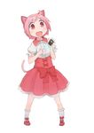  ahoge animal_ears blush bow cat_ears cat_tail cellphone electricity eyebrows_visible_through_hair full_body holding holding_cellphone holding_phone kneehighs looking_at_viewer nonohara_yuzuko okayparium open_mouth phone pink_eyes pink_hair red_bow short_hair smartphone smile solo tail white_legwear yuyushiki 