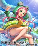  :d barefoot blue_sky chloris_garden cloud copyright_name day dutch_angle frog_hood green_eyes green_innertube innertube long_hair official_art open_mouth oratta_ad_account pink_hair pool sky smile solo sunlight swimsuit tree water water_slide yui_(chloris_garden) 