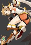  ass bare_shoulders bent_over blush bodysuit boots breasts brown_hair commentary_request elbow_gloves from_behind gauntlets gloves grey_background hair_ornament headgear looking_at_viewer looking_back medium_breasts motion_blur noise_(symphogear) open_mouth orange_eyes scarf senki_zesshou_symphogear short_hair simple_background skirt solo standing tachibana_hibiki_(symphogear) tea_(nakenashi) teeth twitter_username 