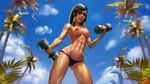  1girl abs areolae black_hair breasts brown_eyes cloud evulchibi facial_tattoo hair_tubes lips looking_at_viewer navel nipples outdoors overwatch palm_tree panties parted_lips pharah_(overwatch) solo sweat topless weightlifting weights 