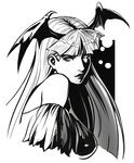  bangs bare_shoulders bat_wings breasts commentary_request cropped_torso from_side greyscale head_wings large_breasts long_hair looking_at_viewer looking_to_the_side monochrome morrigan_aensland parted_lips shuichi_wada slit_pupils solo vampire_(game) wings 
