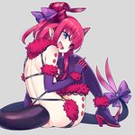  ass back bangs blue_eyes bow chan_co cosplay dangerous_beast dragon_tail elbow_gloves elizabeth_bathory_(fate) elizabeth_bathory_(fate)_(all) fang fate/grand_order fate_(series) from_side full_body fur_collar fur_trim gloves grey_background hair_ribbon high_heels horns long_hair looking_at_viewer looking_back o-ring open_mouth pink_hair pointy_ears purple_bow purple_gloves purple_legwear purple_ribbon red_footwear ribbon shoes simple_background sitting smile solo tail tail_bow tail_ribbon thighhighs 