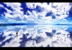 amatsuki_rei blue blue_sky cloud cloudy_sky commentary_request day highres lake letterboxed ocean original outdoors reflection scenery seascape signature silhouette sky solo standing walking walking_on_liquid water water_surface 