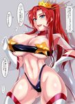  absurdres ass_visible_through_thighs boudica_(fate/grand_order) breasts cleavage commentary_request cosplay crown curvy fate/grand_order fate_(series) gloves grey_background hair_ornament hair_stick hand_on_hip highleg highleg_panties highres huge_breasts jet_(pw3234) large_breasts long_hair navel panties ponytail red_hair simple_background smile solo space_yoko tengen_toppa_gurren_lagann thick_thighs thighs tones translation_request twitter_username underwear white_legwear wide_hips yoko_littner yoko_littner_(cosplay) 