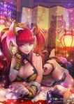  barefoot bracelet breasts choker cleavage fingerless_gloves full_body gloves heewon_kang horns indoors jewelry lantern large_breasts lipstick long_hair looking_at_viewer lying makeup md5_mismatch official_art on_stomach pink_eyes pink_hair screen solo tenka_touitsu_chronicle thigh_strap twintails watermark 