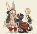  1boy 1girl 1other absurdres ambiguous_gender animal_ears artist_name blonde_hair blush brown_hair cape embarrassed eyebrows_visible_through_hair eyes_closed facing_another glasses green_eyes helmet highres kawasemi27 kneeling long_hair looking_at_another made_in_abyss nanachi_(made_in_abyss) open_mouth regu_(made_in_abyss) riko_(made_in_abyss) scar semi-rimless_eyewear short_hair smile standing tail twintails twitter_username under-rim_eyewear white_hair yellow_eyes 