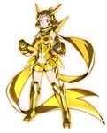  alternate_color armor armored_boots armpit_peek bare_shoulders boots breasts brown_hair clenched_hand clenched_hands commentary_request full_body gauntlets gold_armor hair_ornament hairclip headgear medium_breasts midriff murakami_hisashi orange_eyes scarf senki_zesshou_symphogear serious shiny shiny_clothes short_hair short_shorts shorts tachibana_hibiki_(symphogear) yellow 