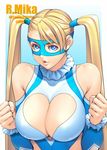  blonde_hair blue_eyes breasts character_name cleavage cleavage_cutout domino_mask heart_cutout ken19941028 large_breasts long_hair looking_at_viewer mask parted_lips rainbow_mika solo street_fighter twintails upper_body very_long_hair wrestling_outfit 