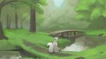  animal_ears bridge day facing_away forest fox_ears fox_tail from_behind grass highres hood hood_down nature original outdoors paintrfiend ripples river robe rock scenery short_sleeves sitting solo tail tied_hair tree white_hair white_robe 
