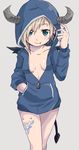  1girl bare_legs blonde_hair blue_eyes earrings female hand_in_pocket hood hoodie horns legs lip_ring looking_at_viewer naked_hoodie original roku_kyuu solo tattoo 