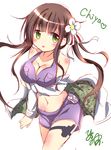  :p bangs bare_shoulders blunt_bangs blush breast_pocket breasts brown_hair camouflage character_name cleavage collarbone cowboy_shot eyebrows_visible_through_hair flower gochuumon_wa_usagi_desu_ka? green_eyes grey_shorts groin hair_flower hair_ornament halter_top halterneck heart highres hinata_yuu_(atelierhinata) holster jacket large_breasts long_hair long_sleeves looking_at_viewer midriff navel off_shoulder pocket ribbon shiny shiny_skin short_shorts shorts sidelocks signature sketch solo standing striped striped_ribbon thigh_holster tongue tongue_out twintails ujimatsu_chiya white_flower white_jacket 