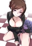  arm_support breast_hold breasts brown_hair checkered checkered_floor cleavage cleavage_cutout closed_mouth collarbone dorothy_(princess_principal) hair_up head_tilt highres kurihara_kenshirou large_breasts legs_folded looking_at_viewer princess_principal purple_eyes sitting sleeves_past_wrists smile solo 