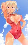  arm_up bikini_tan blonde_hair blush breasts cafe-chan_to_break_time cloud covered_navel covered_nipples day front_zipper_swimsuit hair_ornament hairclip hand_on_hip highres large_breasts looking_at_viewer meme_attire one-piece_swimsuit open_mouth porurin red_eyes red_swimsuit short_hair sky solo swimsuit tan tanline tea_(cafe-chan_to_break_time) wet 