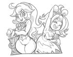  2girls @_@ acerola_(pokemon) al_bhed_eyes arm_up armpits bare_shoulders blush breasts cleavage dress drills eyes_closed greyscale hair_ornament hand_up hands_up happy hex_maniac_(pokemon) large_breasts long_hair long_sleeves looking_to_the_side medium_breasts monochrome multiple_girls open_mouth pokemon pokemon_(game) pokemon_sm pokemon_xy short_hair simple_background smile strapless strapless_dress teeth white_background 