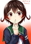  artist_name blue_jacket brown_hair crescent crescent_moon_pin dated finger_to_mouth gradient gradient_background gradient_hair green_sailor_collar highres jacket kamelie kantai_collection looking_at_viewer multicolored_hair mutsuki_(kantai_collection) neckerchief orange_background red_hair red_neckwear remodel_(kantai_collection) sailor_collar school_uniform serafuku short_hair signature solo upper_body 