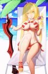  aestus_estus bad_id bad_pixiv_id beach bikini blue_nails blue_sky blush bracelet breasts cleavage criss-cross_halter day earrings fate/grand_order fate_(series) green_eyes halterneck holding holding_sword holding_weapon jewelry labombardier! large_breasts long_hair nail_polish nero_claudius_(fate)_(all) nero_claudius_(swimsuit_caster)_(fate) ocean outdoors palm_tree sandals sitting sky solo striped striped_bikini swimsuit sword tree twintails weapon 