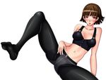  1girl artemisumi atlus blush breasts brown_hair bustier collarbone hair_braid medium_breasts midriff navel niijima_makoto open_mouth panties persona persona_5 red_eyes short_hair solo spread_legs thighs tights 