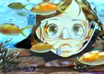  air_bubble brown_eyes brown_hair bubble close-up commentary diving_mask diving_mask_on_eyes face fish highres looking_at_viewer ocean original reflection sako_(user_ndpz5754) snorkel snorkel_in_mouth solo submerged swimming underwater 