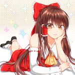  arm_support bangs bare_shoulders blush bow breasts brown_eyes brown_hair crossed_ankles detached_sleeves eyelashes hair_bow hair_tubes hakurei_reimu head_rest high_heels large_bow lips looking_at_viewer lounging lying mary_janes medium_breasts on_stomach shoes smile socks solo sparkle straight_hair touhou tsurara0128 yellow_neckwear 