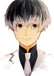  black_shirt closed_mouth collared_shirt commentary_request eyebrows_visible_through_hair grey_eyes grey_hair hair_between_eyes highres jacket looking_at_viewer male_focus necktie sako_(user_ndpz5754) sasaki_haise shirt simple_background smile solo tokyo_ghoul white_background white_jacket white_neckwear 